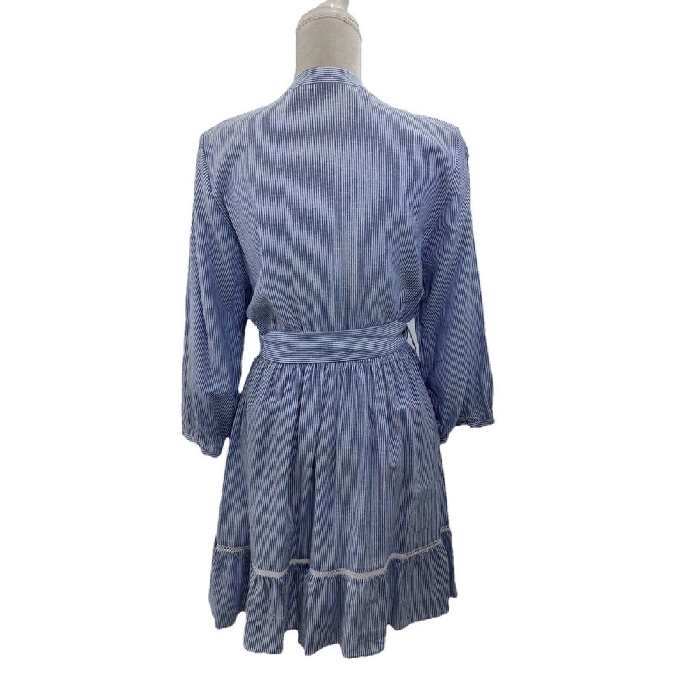 ZARA BLUE WHITE STRIPED LINEN BLEND RUFFLE BELTED DRESS WITH LACE TRIMS SIZE XS - Picture 3 of 8